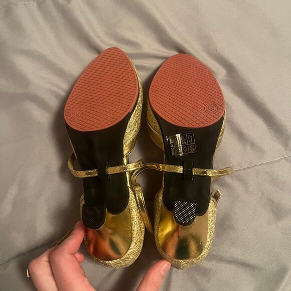 Women Size 8.5 Golden Sparkly Metallic Latin Dance Heel Shoes with Cross Strap - Picture 8 of 8